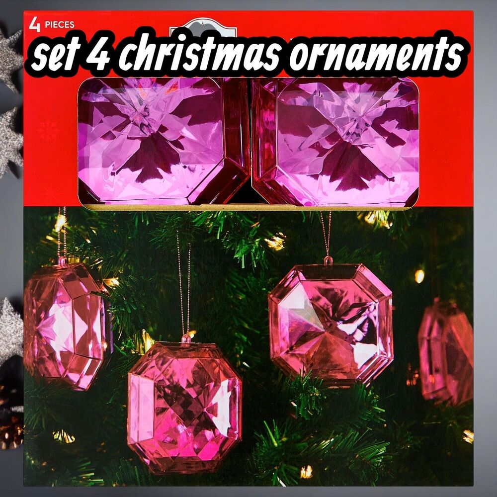 4 Count Dark Pink Square Gem Christmas Ornaments, 4", by Holiday Time